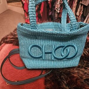 New Authentic  Jimmy Choo Turquoise Woven Tote
